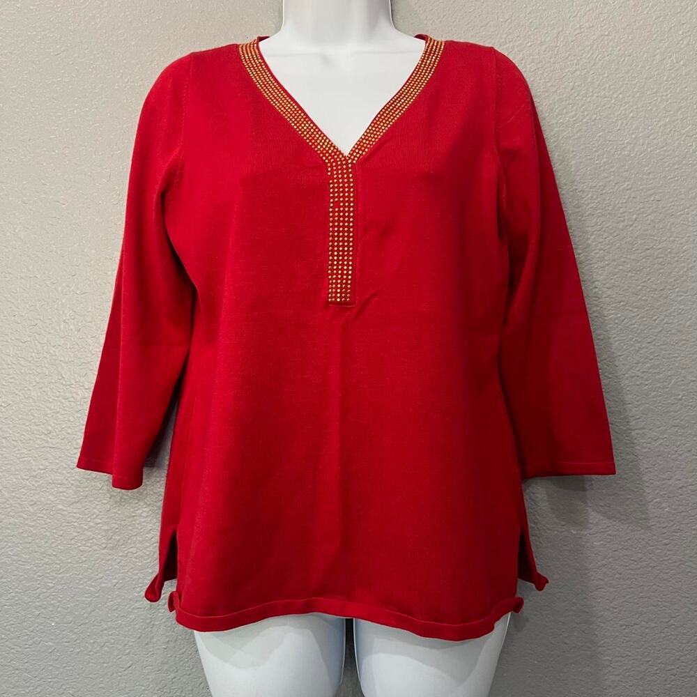 Carolyn Taylor Red Blouse with Gold Beaded Trim – Size XL